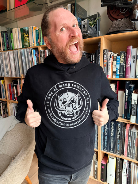 #041 Wörld's Önly Satanic Hömosexual Camerastöre SILVER print Black Hoodie