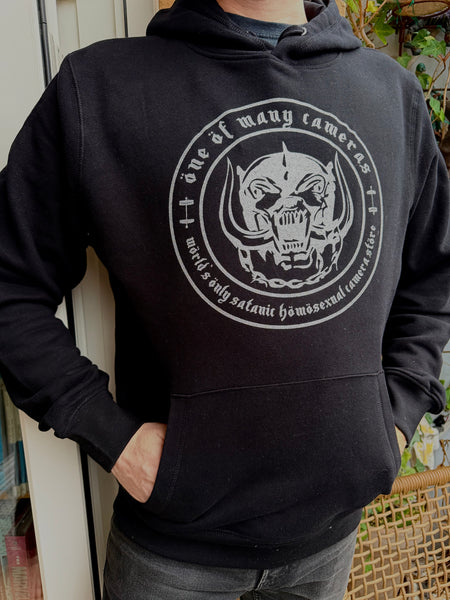 #041 Wörld's Önly Satanic Hömosexual Camerastöre SILVER print Black Hoodie